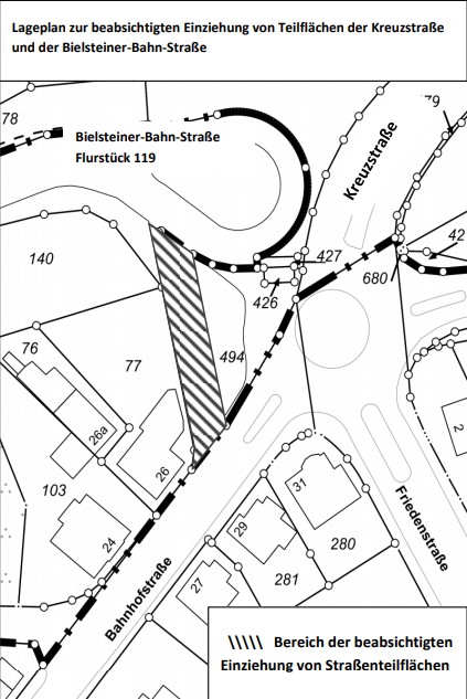 Öffentliche Bekanntmachung über die Absicht zur Einziehung von Teilflächen der Kreuzstraße und der Bielsteiner-Bahn-Straße