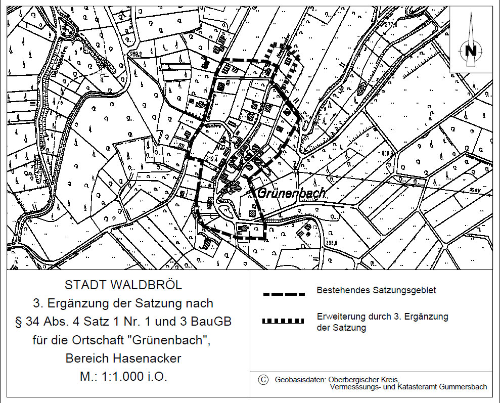 Öffentliche Bekanntmachung nach BauGB: Ortsteil Waldbröl-Grünenbach  im Bereich “Hasenacker”