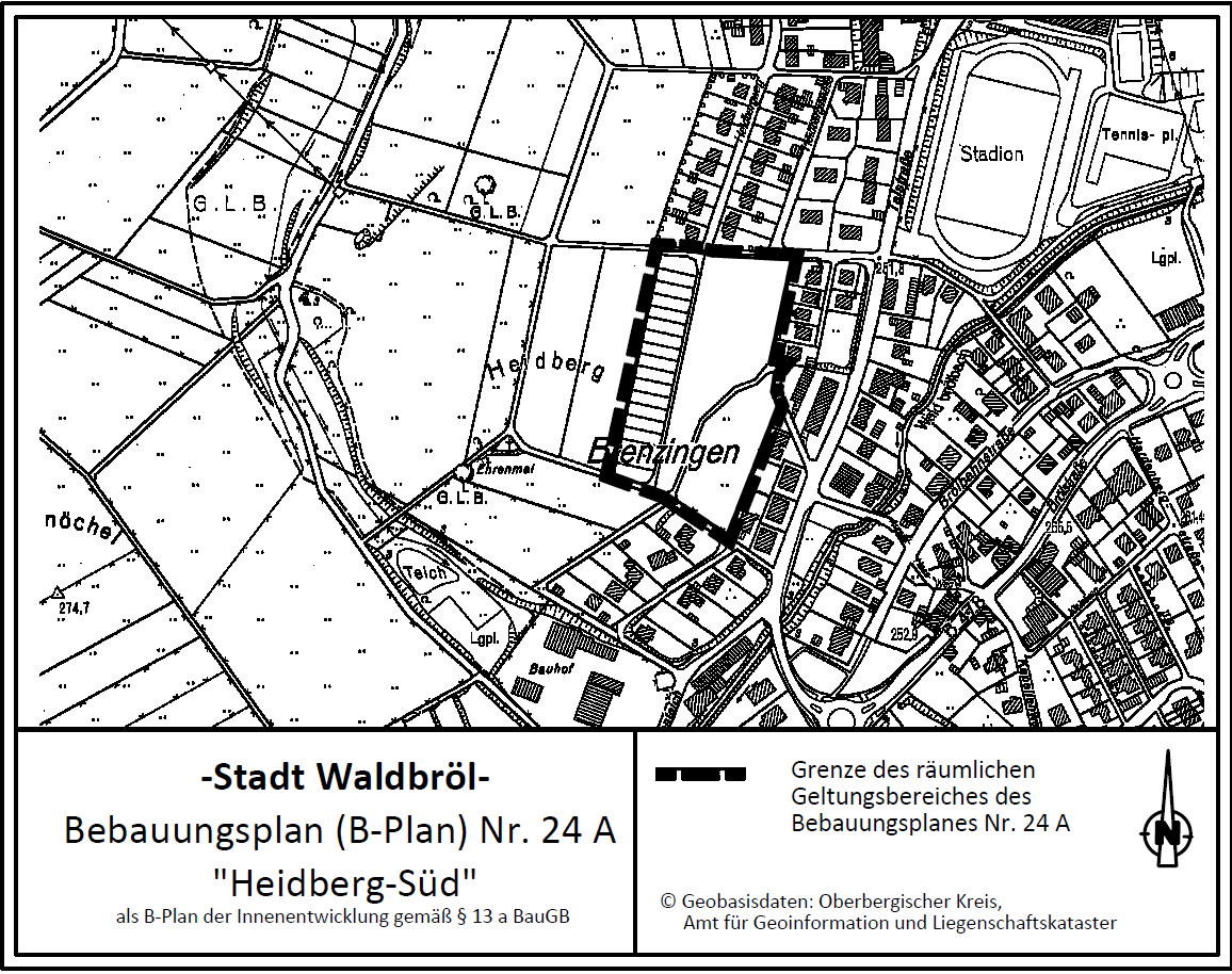 Inkrafttreten des Bebauungsplanes Nr. 24 A „Heidberg-Süd“ der Stadt Waldbröl als Bebauungsplan der Innenentwicklung nach § 13 a Baugesetzbuch (BauGB)