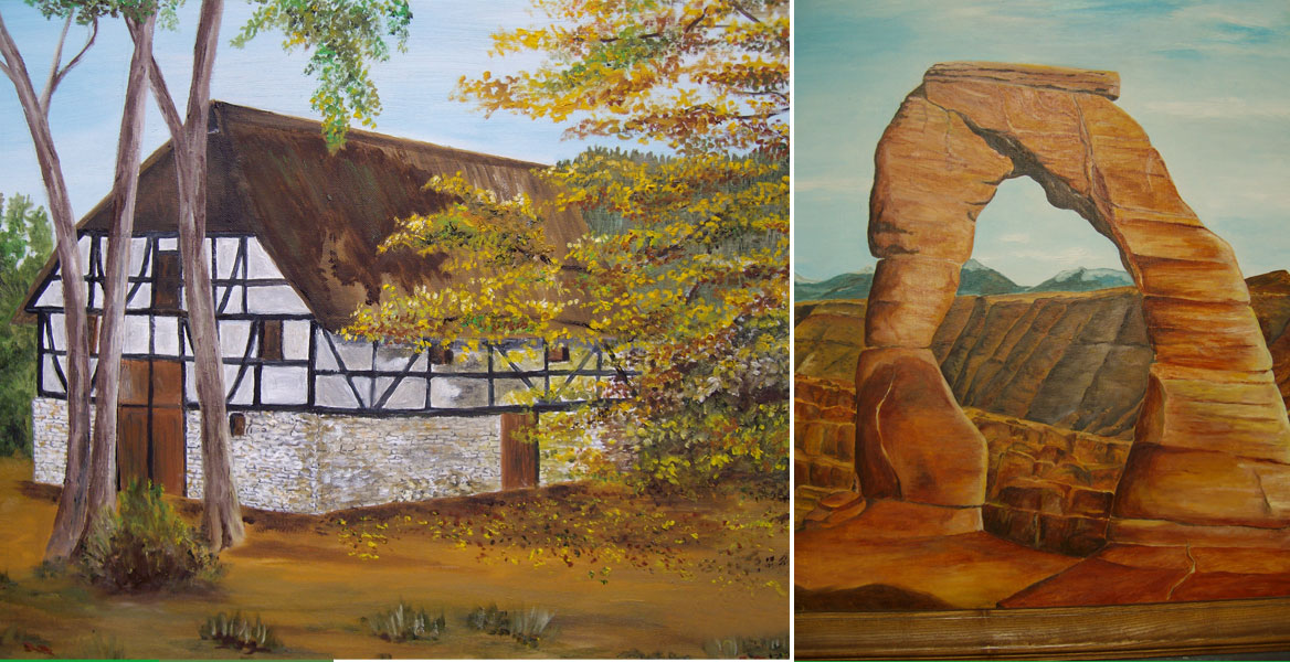 Zwei Bilder der Künstlerin, rechts ein natürlicher Steinbogen aus rotem Sandstein, links ein oberbergisches Fachwerkhaus