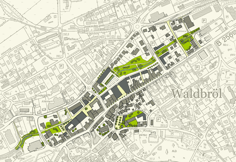 Skizze und Lageplan der aktuellen Innenstadtplanung für Waldbröl